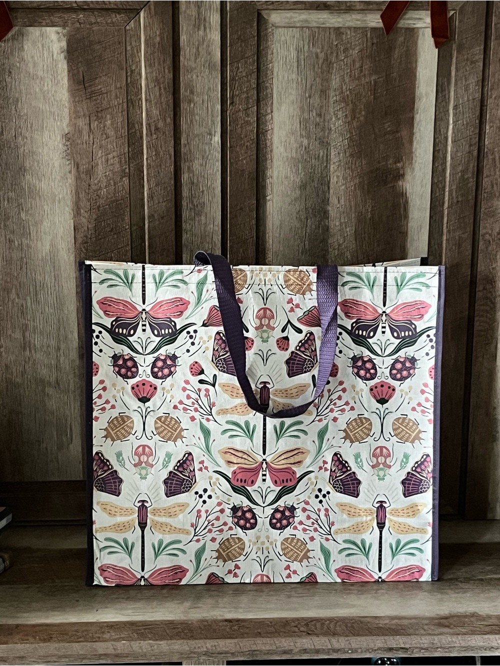 Reusable Floral Botanical, Butterfly dragonflyPattern Tote Bag in Pink & Purple